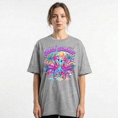 Hello Summer Tropical Flamingo T-Shirt Retro Neon Beach Vacation Holiday Tee