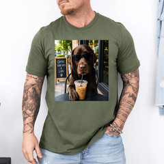 Chocolate Lab Coffee Funny Dog Cafe Lover Art T-Shirt