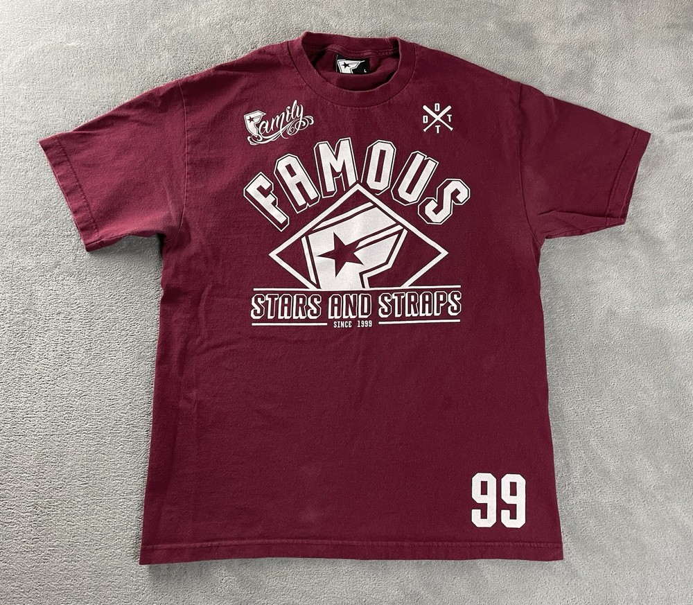Y2K Famous Stars And Straps Shirt Mens L Logo Burgundy *Pits* Distressed *Mark