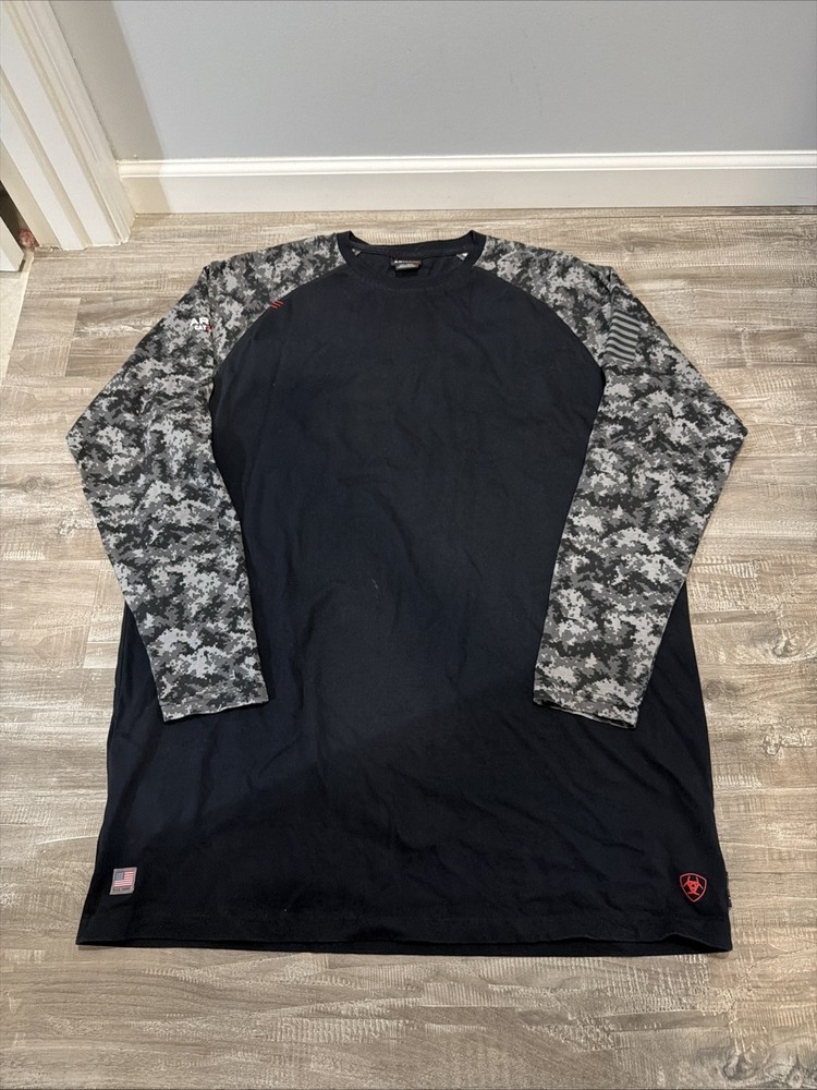 Ariat FR Shirt Mens 2XL Tall Black Camo Military Workwear Long Sleeve Cat 2 2112