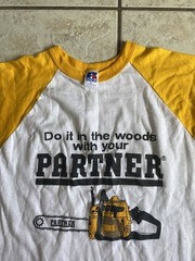 Vintage 1970’s 80’s Partner Chainsaws Workwear Sex Joke russel Ringer Tee Shirt