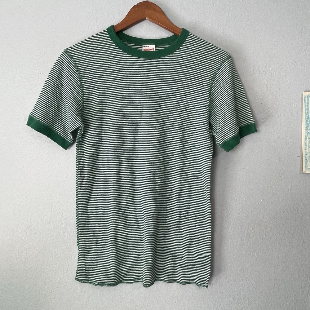 Healthknit Short Sleeve Thermal Waffle Knit Tee Shirt Medium Green White