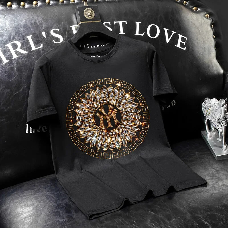 New Men Luxury Rhinestones Fashion Diamonds Black White T-Shirt High Quality