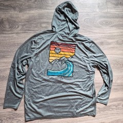 Reel Life Long Sleeve Polyester Hooded Shirt Heather Green Wave Back Print Sz XL
