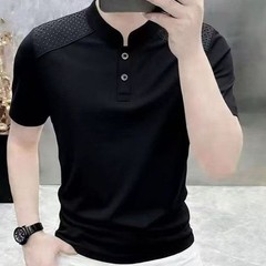 Business Casual Short Sleeve T-Shirt for Men Solid Spliced Mesh Slim Collar
