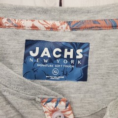 Jachs New York T Shirt Mens XL Gray Quarter Button Floral Details Short Sleeve