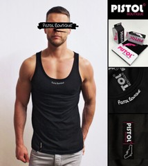 Pistol Boutique Men’s Black Plain Blank Neck Logo Print Single Tank Vest Top