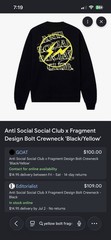 Brand New with Tags Anti Social Social Club X Fragment Yellow Bolt Crew Neck
