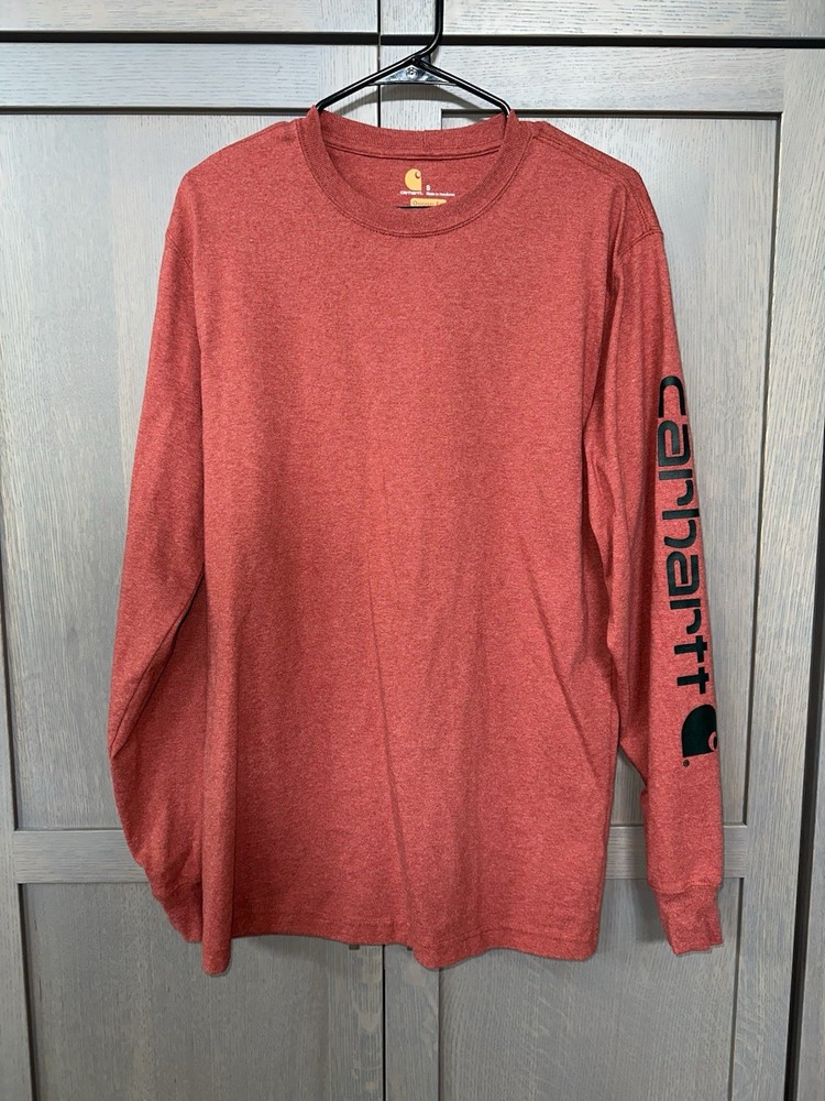 Carhartt Shirt Mens Small Red Long Sleeve Loose Fit Logo Sleeve Tee Workwear