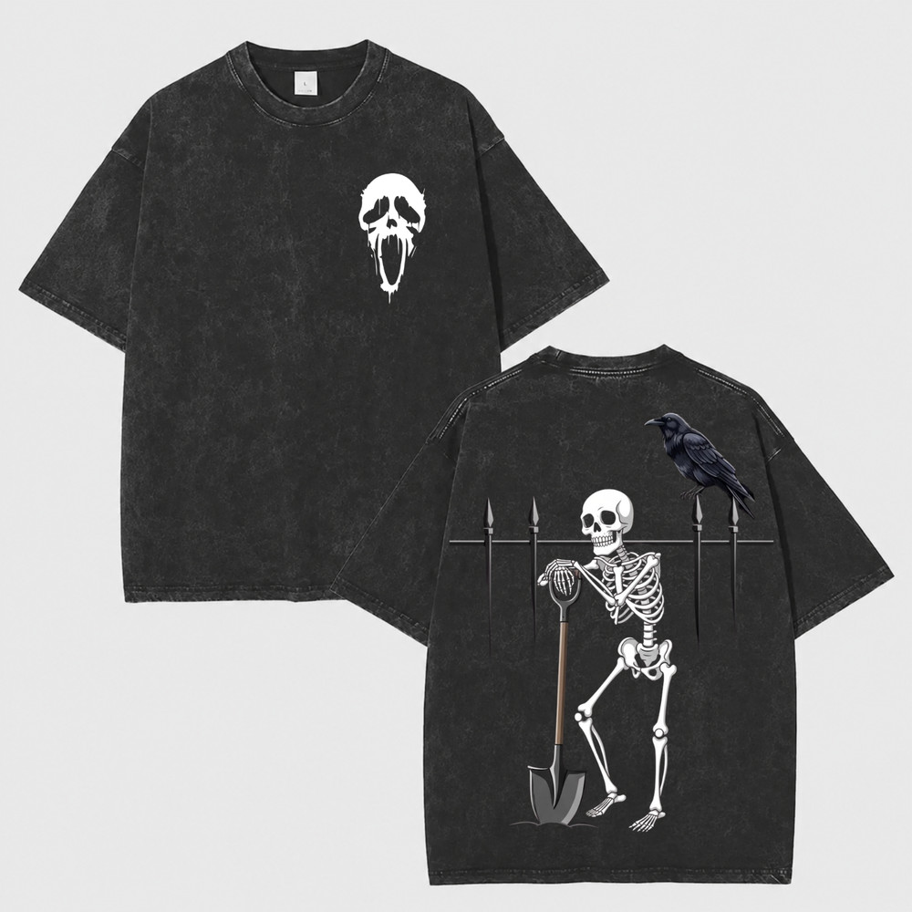 Skeleton Grave Digger Washed T-Shirt – Gothic Raven Halloween Graphic Tee