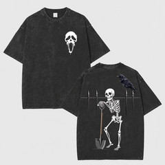 Skeleton Grave Digger Washed T-Shirt – Gothic Raven Halloween Graphic Tee