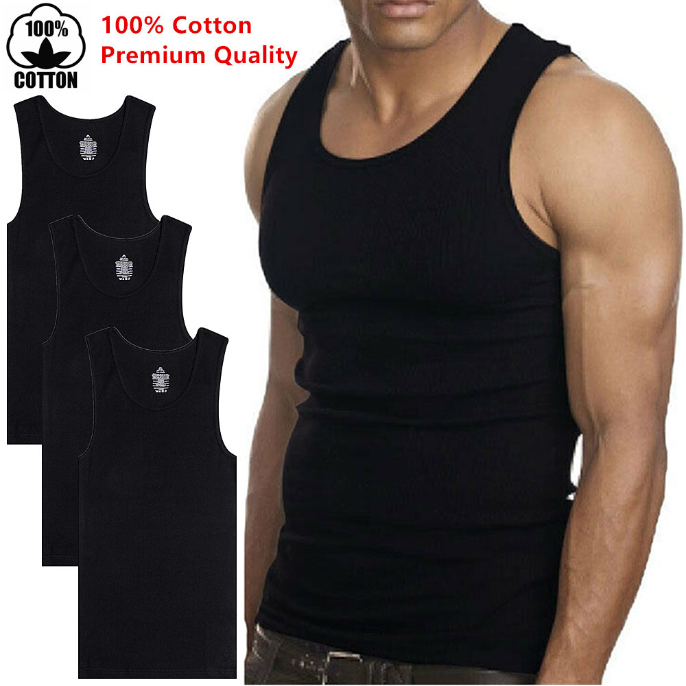 3Pcs Mens 100% Cotton Tank Top A-Shirt Wife-Beater Undershirt Ribbed Black