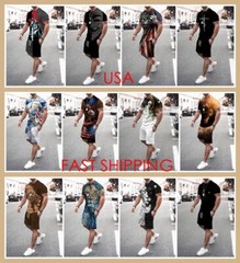 Fashion T-Shirt Men Sport Short Sleeve Graphic Tee & Drawstring Shorts Pants Set