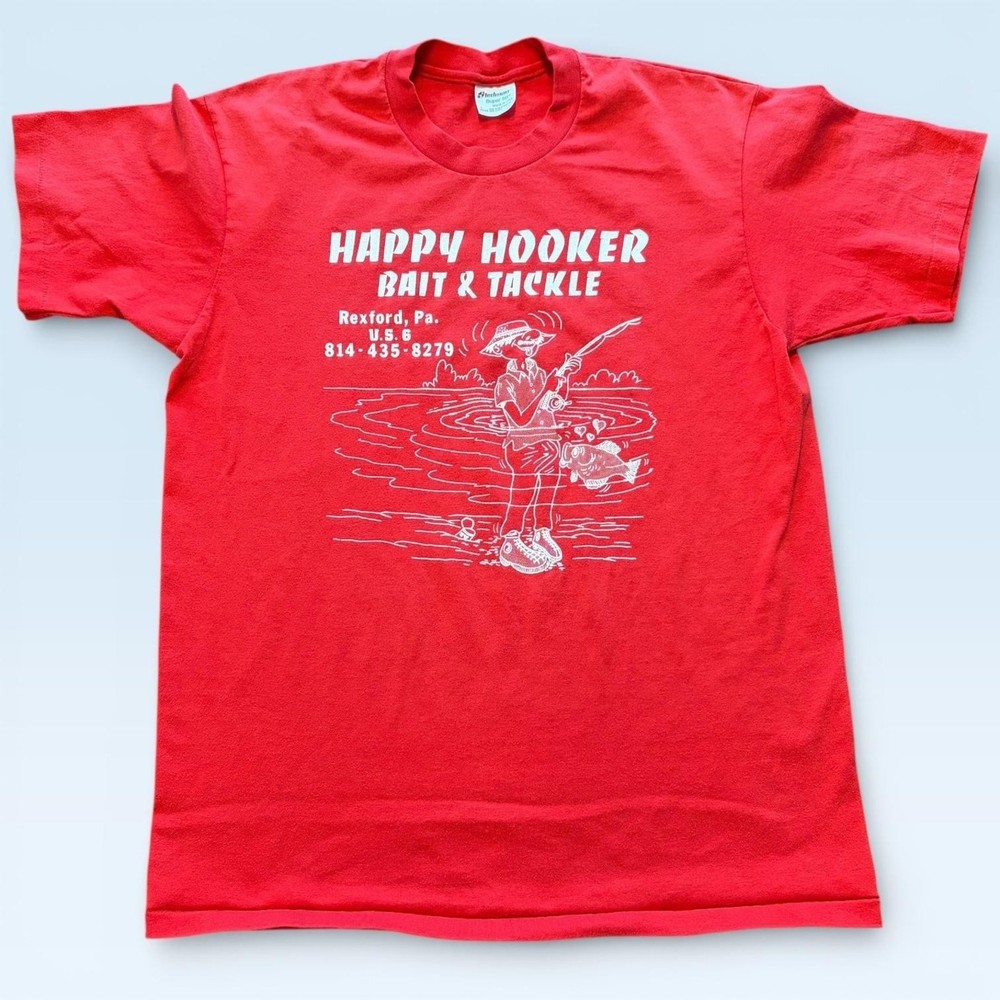 Vintage Stedman Happy Hooker Bait & Tackle Shirt Mens Large Red Fishing 80s