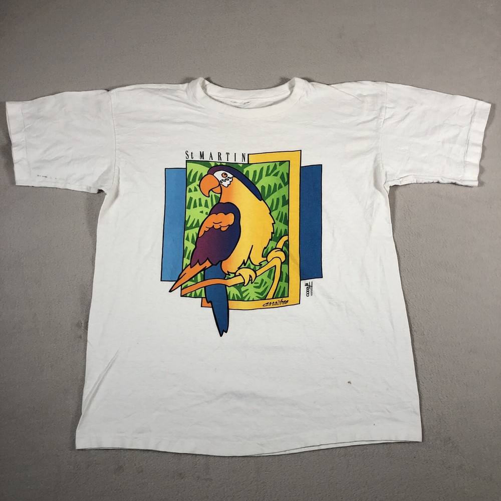 VINTAGE Parrot Shirt Mens Large White Birds Outdoors Casual Soft Cotton 1548
