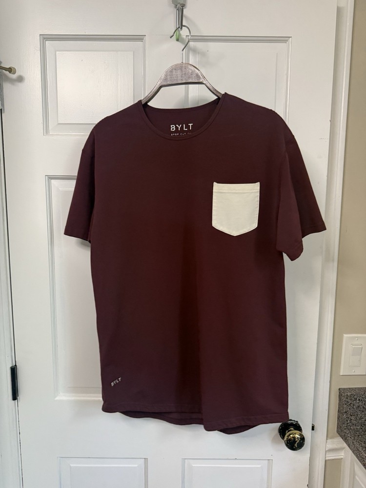 BYLT T-Shirt Men’s L Maroon Drop Cut Lux Cotton Blend Short Sleeve Bone Pocket