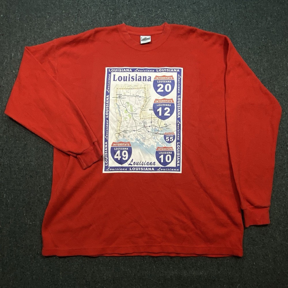 John Son Louisiana Map Thermal TShirt Sz 3XL Mens Red Gorpcore Interstate