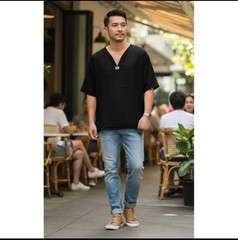 12 x Short Sleeves Thai Northern Shirt T-Shirt Cotton Unisex Black White Vcollar