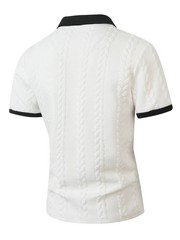 Men’s Cable Knit Contrast Collar Polo Shirt Business Casual V Neck Summer Top