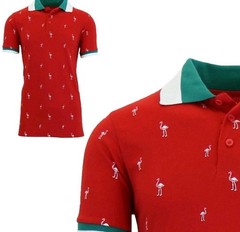 Men’s Short Sleeve Red Shirt With Collar Flamingo Pattern Cotton-Blend NEW