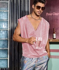 WDIRARA Men’s Glitter Draped Collar T Shirts Cowl Neck Sleeveless Tank Top Pink