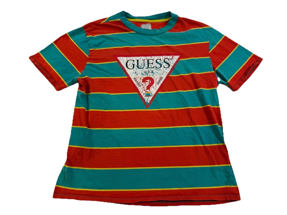 Guess USA Triangle Logo Stripe T-Shirt Red Teal Yellow Retro 90s Style Men’s M