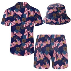 Men’s American Flag Hawaiian Shirt and Short Set 2 Piece Patriotic USA Outfit…