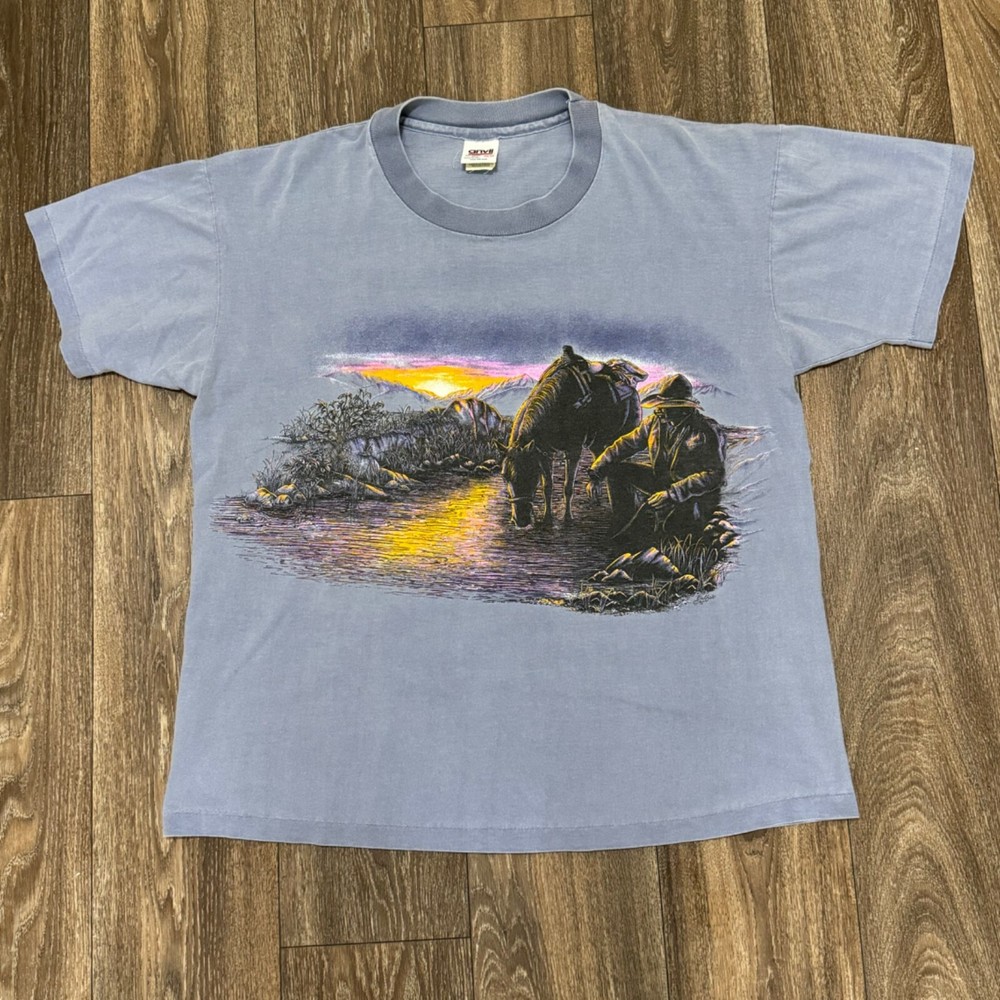 VTG 1993 Buffalo Western Cowboy Horse Sunset Shirt Adult OSFA Blue Double Sided