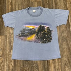 VTG 1993 Buffalo Western Cowboy Horse Sunset Shirt Adult OSFA Blue Double Sided