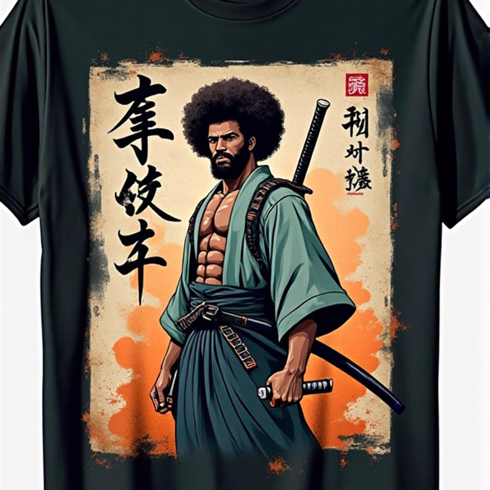 Retro African Samurai Graphic T-Shirt Japanese Warrior Streetwear Casual Tee