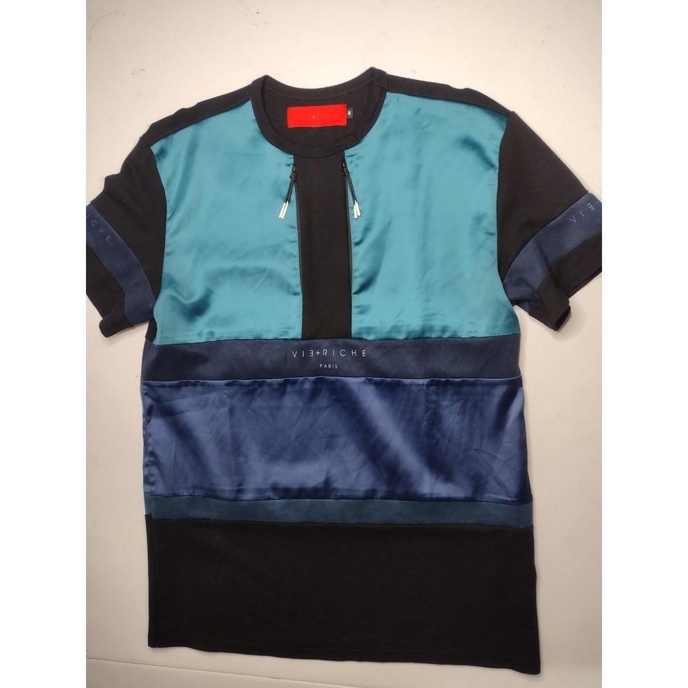 Vie Riche Paris Mens Multi-Panel Colorblock Zipper T-Shirt Black Teal Blue M