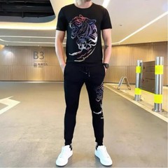 New Men Hot Drilling Fashion Tiger Rhinestone Summer Luxury Two-Piece Tracksuit