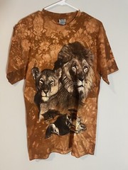 Vintage Back To Earth Tie Dye Lion Print Brown Short Sleeve Shirt Adult Sz M