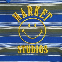 MARKET STUDIO Shirt Mens Small Blue Stripe Pullover Crew Smiley T-Shirt Tee