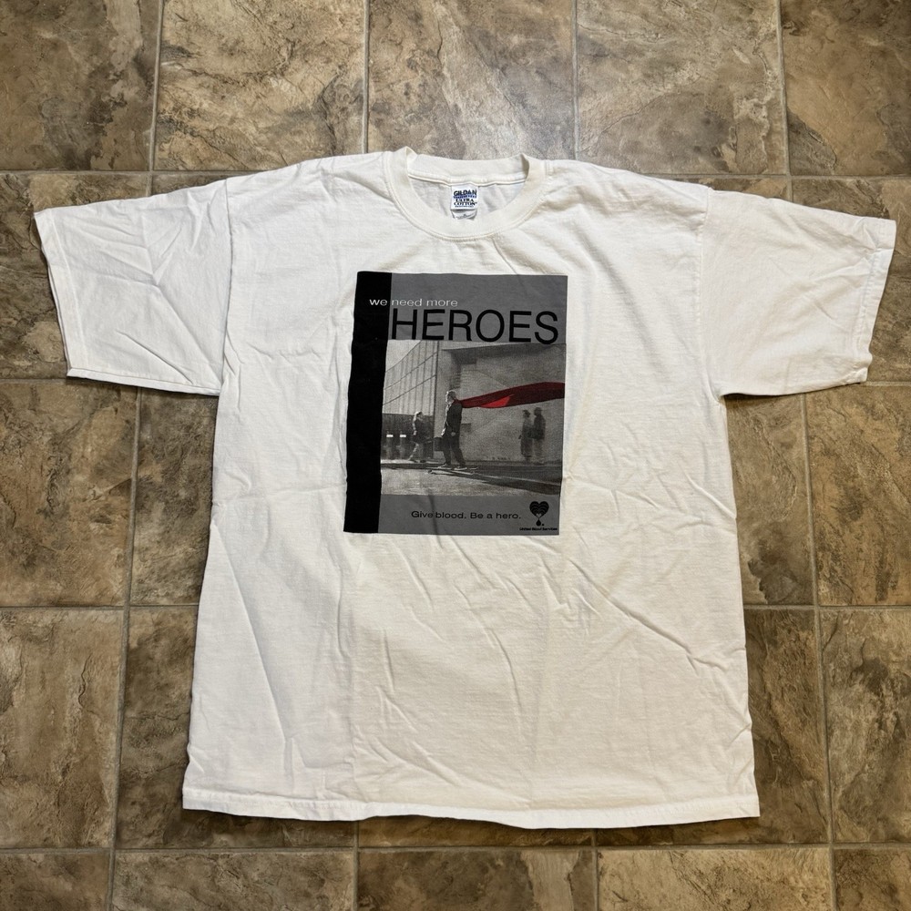 Vintage United Blood Services Marketing Promo Tee Heroes Cape Donor XL 23×29.5