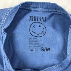 Nirvana Distressed Graphic T-Shirt Blue Nevermind Smiley Face Mens Size S/M