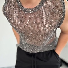Men’s Fishnet Hollow Vest Sleeveless Shiny Mesh Tank Top for Club Party Daily