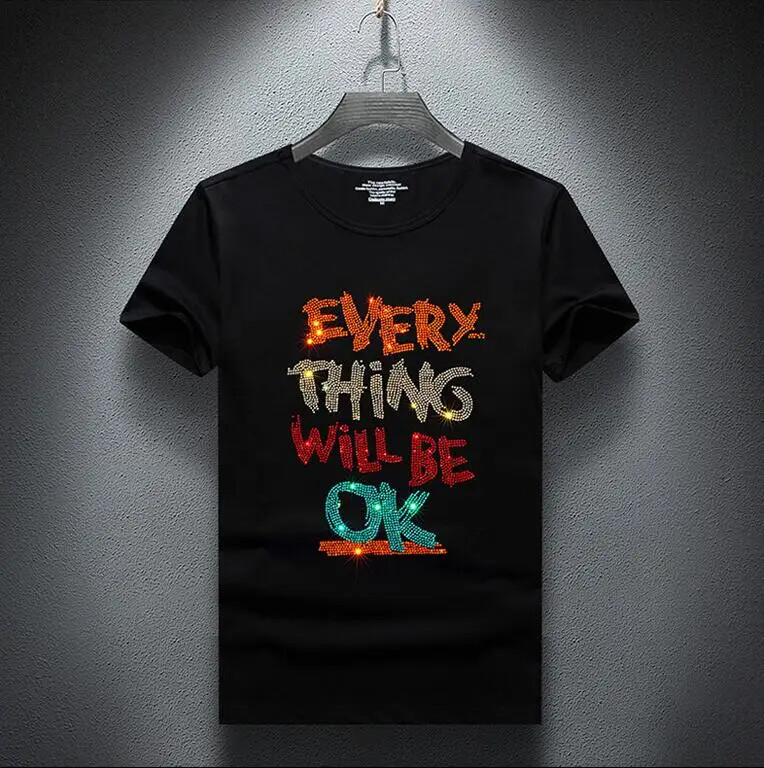 New Men Luxury Rhinestones Fashion Diamonds Black White T-Shirt High Quality