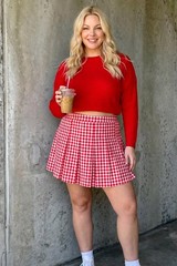 Plus Size Red Pink White Checkered Skirts for Women, High Waist Pleated Flare…