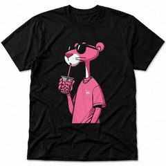 Pink Cartoon Panther Drinking Boba Funny Graphic T-Shirt S-5XL For Fan HN09