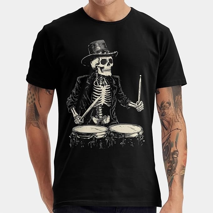 Skeleton Drummer T-Shirt Vintage Skull Rock Band Music Tee – H010