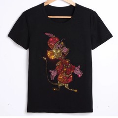 New Men Luxury Diamond Cartoon Rhinestones Fashion Black T-Shirt High Quality