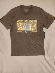True Religion Green Triple Buddha T-Shirt Gold Foil Metallic Tee Medium
