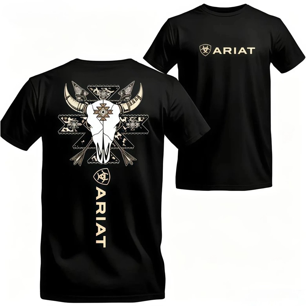 Ariatt T-shirt – Bold Design Featuring A Cowboy-style Bull Skull With Intricate