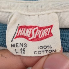 VTG Hanesport T-Shirt Men’s M Cream Teal Ringer Paper Thin Alpha Gamma Sigma 60s