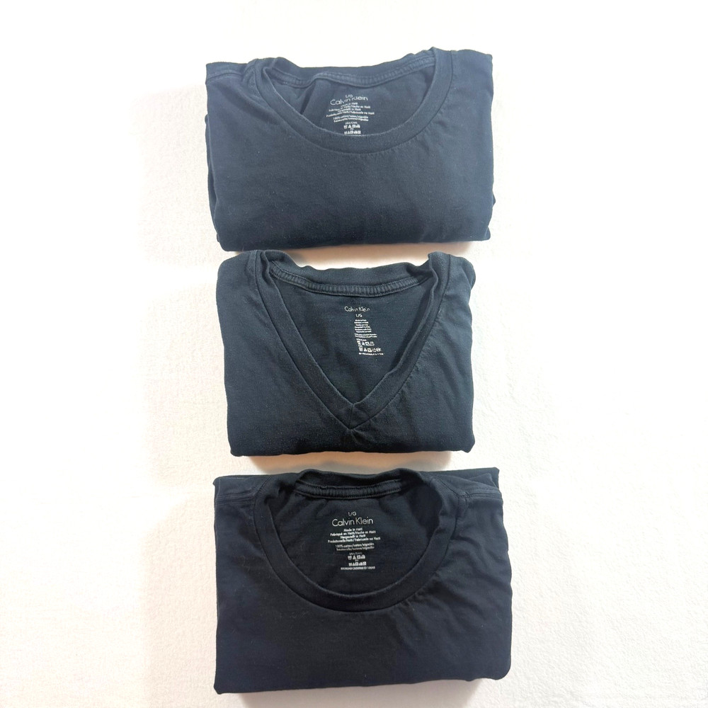 Calvin Klein Black T-Shirt Lot Men’s Large Crew Neck & V-Neck Cotton 3 Pack