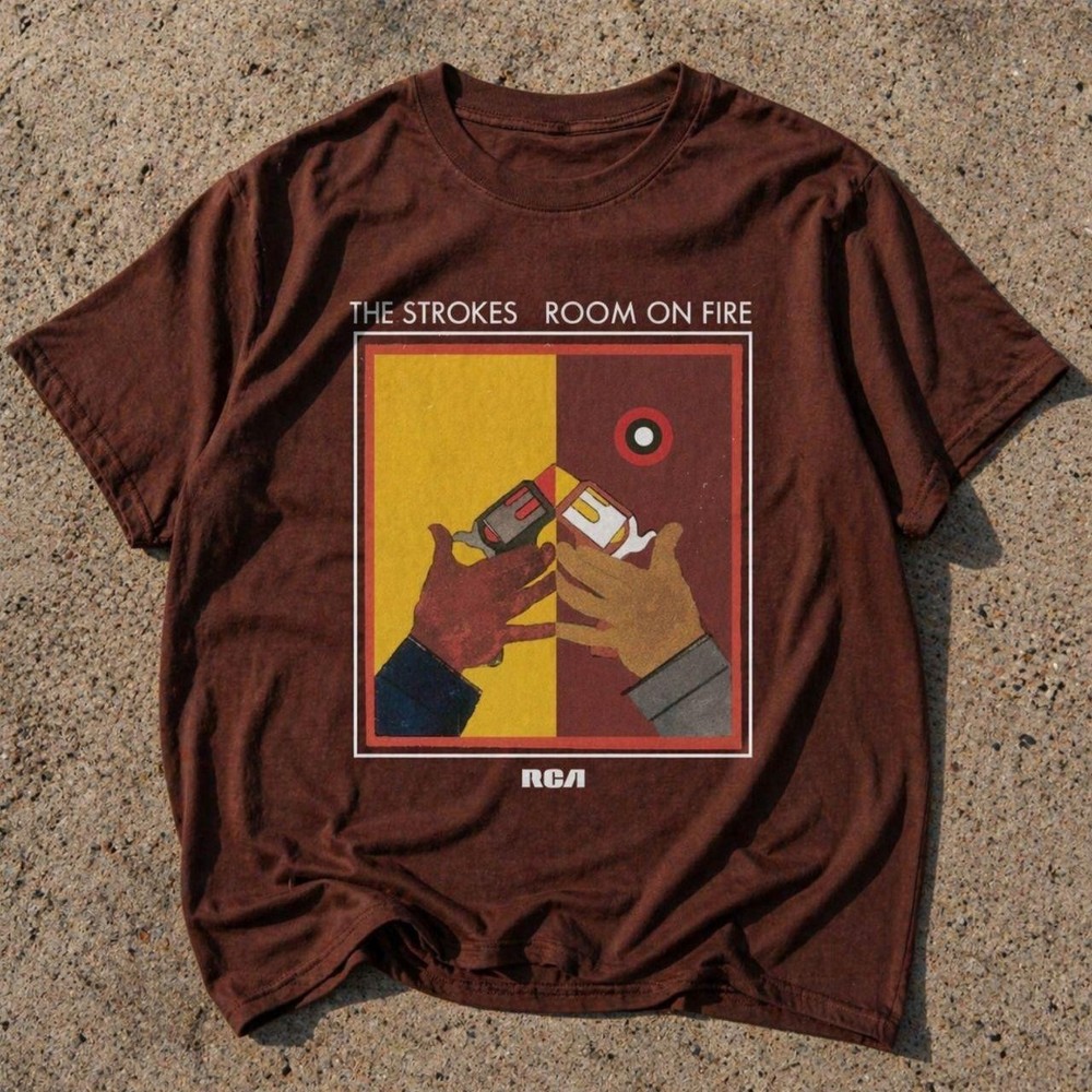 The Strokes Room On Fire Brown Graphic T-Shirt RCA Indie Rock Band Tee