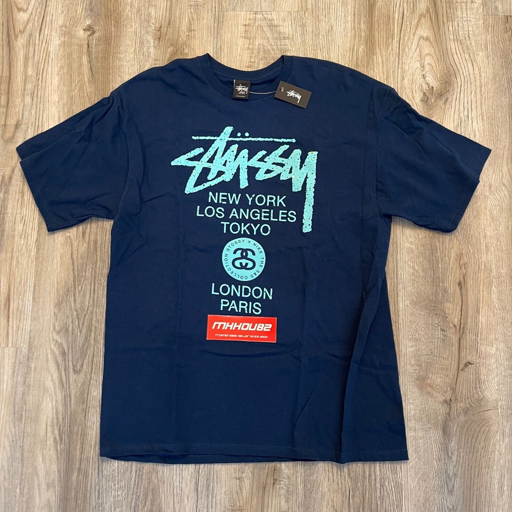 New Vintage Stussy x Nike World Tour Tee T-Shirt Navy Blue Size Large