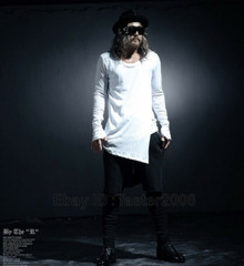 Mens Asymmetrical Hem Long Sleeve Shirt Top Mid Long T Shirts Punk Gothic S-3XL