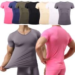 Men’s Smooth T-Shirt Sheer Gym V-Neck Tops Slim Fitness Soft Tight Short Tee Hot